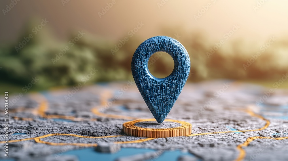 Poster blue location pin on a map with trees in the background indicating navigation and geographic locatio