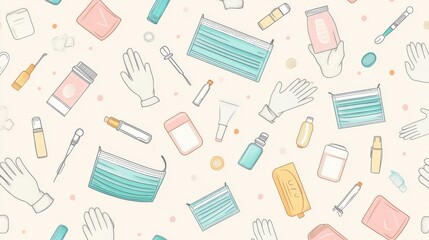Medical Supplies and Tools Pattern with Gloves, Masks, and Bottles