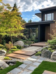 Fototapeta premium A modern wooden pathway leads to the modern house