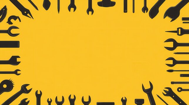 Collection of Black Silhouetted Tools on Yellow Background