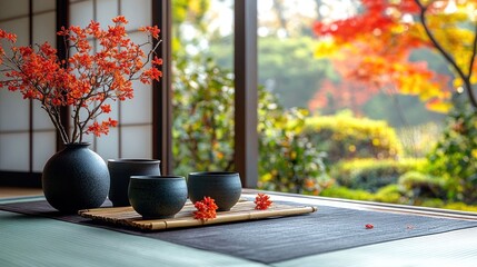 Autumnal Japanese tea ceremony scene, with vibrant fall foliage