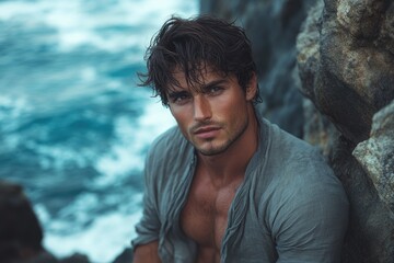 A handsome man with dark hair and a muscular physique sits near the ocean, gazing intensely at the camera.