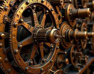 Obraz premium Cryptographic key farm with rotating encryption wheels and brass gears, a modernized take on the Enigma machine.