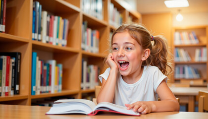 Excited girl reading in a library, , emotions of childhood, intended for parenting websites, educational blogs, children's mental health awareness campaigns and school life