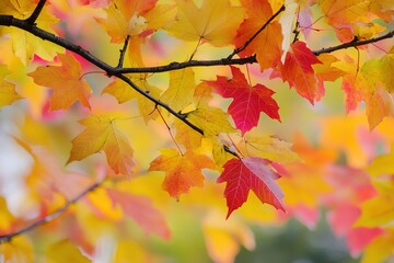 Autumn maple leaves changing color on a branch creating a vibrant display of fall foliage