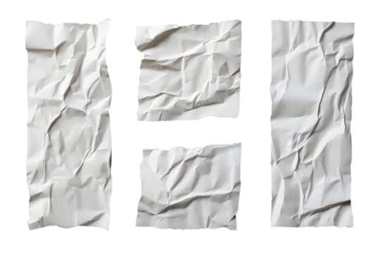 Crumpled white paper texture png format transparent background for graphic design high-quality image
