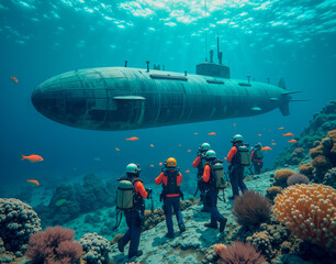 Underwater data center with pressure-resistant pods, coral growth on surfaces, and submarine crews maintaining servers.