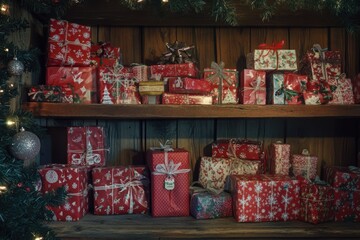 Fototapeta premium Gift Shelf with Red and White Presents