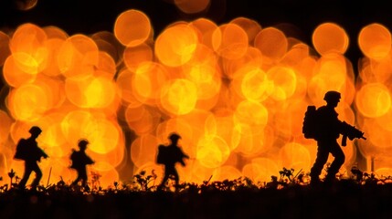 Obraz premium Silhouette soldiers marching at night, bokeh lights. Possible stock photo use
