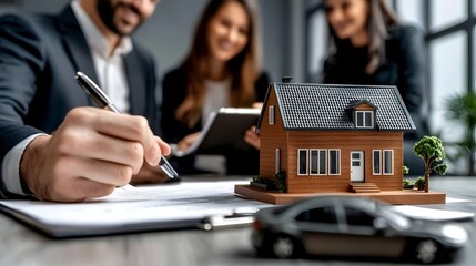 Smiling young couple signing home loan documents on the table with a real estate agent guiding them small house model representing home buying success and real estate investment