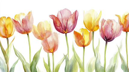 Fototapeta premium Vibrant watercolor tulips in soft hues of pink and yellow