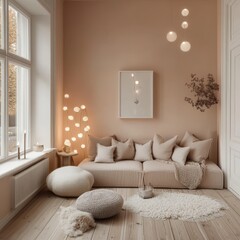 A cozy living room showcases a soft and inviting atmosphere with illumination