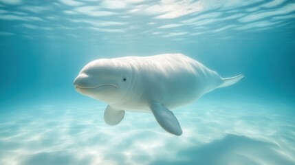 Naklejka premium Beluga whale underwater – a realistic underwater photography of a graceful white whale in the deep ocean. A stunning marine landscape showcasing nature’s harmony.