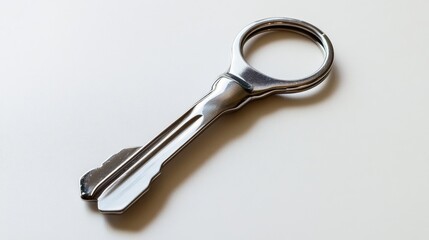 A bottle opener keychain with a metallic finish, placed on a bright white surface