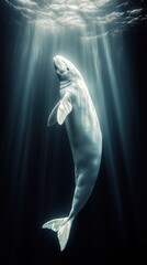 Beluga whale underwater – a realistic underwater photography of a graceful white whale in the deep ocean. A stunning marine landscape showcasing nature’s harmony.