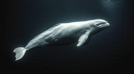 Naklejka premium Beluga whale underwater – a realistic underwater photography of a graceful white whale in the deep ocean. A stunning marine landscape showcasing nature’s harmony.