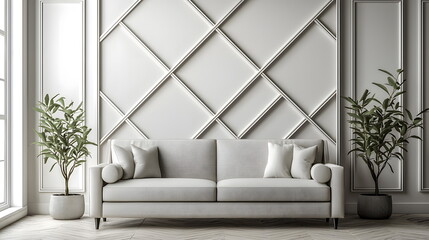 Obraz premium Cozy modern living room with light gray sofa decorative pillows plants and elegant wall design