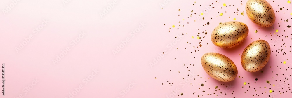 Poster sleek gold easter eggs on a pastel pink background with golden confetti, a top-view banner with a co