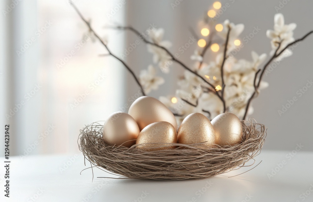 Poster a nest with golden eggs on a table, against a white background, with blurred lights in the backgroun