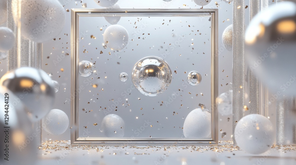 Poster abstract visual of frame surrounded by floating spheres and particles