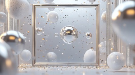 Abstract Visual of Frame Surrounded by Floating Spheres and Particles
