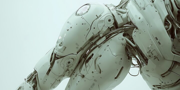 Detailed close up of a futuristic, white, bio-mechanical android body