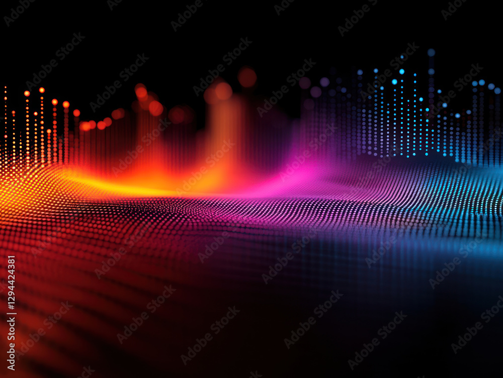 Poster an abstract visual effect resembling the shape of sound waves or graphics, where points of light form luminous contours in multi-colored waves. 