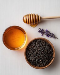 Fototapeta premium Aromatic Herbal Tea Ingredients with Honey and Dried Lavender on Wooden Background