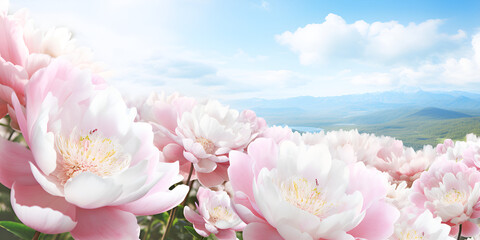 Field of peonies, soft pink and white blooms, bright and clear sunlight with empty space in the sky for text, spring background with copy space