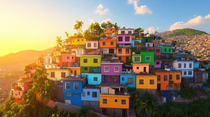 Colorful buildings on a hill overlooking a vibrant brazilian favela cityscape with diverse architecture