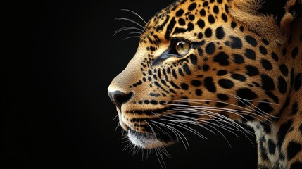 Fototapeta premium A close-up of a leopard's face, highlighting the contrast between its spots and the black background