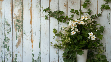 Flowers near the rustic fence. Postcard in spring style with space for text