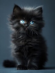 Fototapeta premium Black fluffy kitten with blue eyes sitting on a neutral background, close-up, expressive gaze, soft fur, studio lighting, perfect for advertising, blogs, and social media.