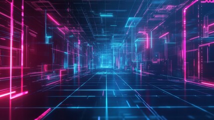 Futuristic Neon Virtual Environment with Glowing Lines and Grids