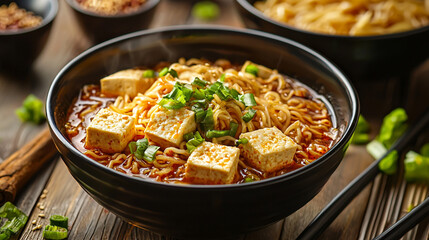 Spicy tofu noodle soup bowl  asian cuisine homemade recipe hot flavorful dish eat food meal lunch