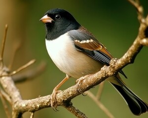 Fototapeta premium Junco Bird Perched on Tree Branch in Nature, Dover Tennessee. Closeup of Feathered Animal in Flight