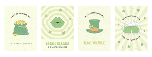 Set of St. Patrick's Day greeting cards, posters. Bag of gold coins, leprechaun hat, green Irish beer, shamrocks, Irish kiss. Groovy retro style.