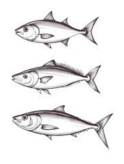 A high-resolution set of black and white vector illustrations of three mackerel fish icons