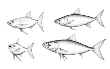 A high-resolution set of black and white vector illustrations of three mackerel fish icons