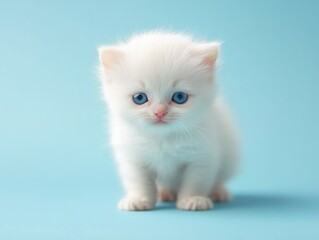 Fluffy white kitten with blue eyes standing on a blue background, studio shot, cute pet, close-up, perfect for advertising, blogs, and social media.