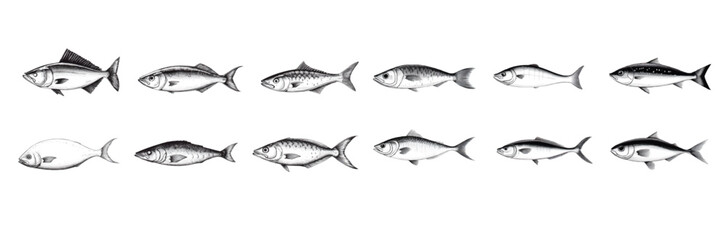 A set of vector illustrations featuring mackerel fish icons, drawn in a vintage woodcut engraving style.