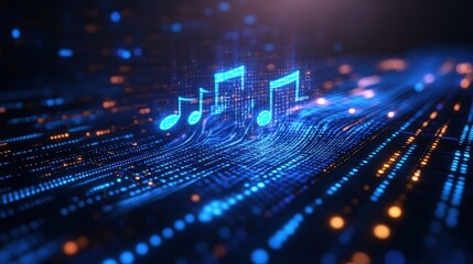 Bright blue music notes on a digital background with pulsating design and high fidelity details