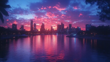 Fototapeta premium City skyline sunset waterfront reflection