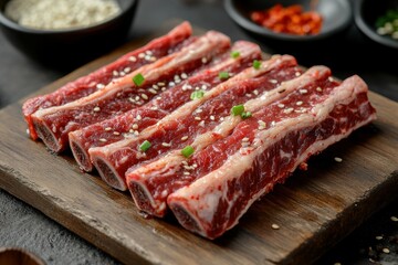 Kalbi Closeup on Wooden Table. Korean BBQ Short Ribs with Copy Space on Dark Background