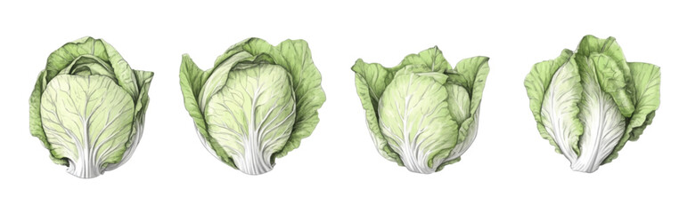 Fototapeta premium A set of highly detailed vector illustrations of Chinese cabbage, drawn in an intricate pencil sketch style with delicate crosshatching.