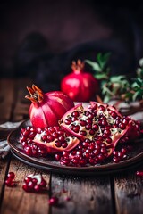 Naklejka premium Juicy Pomegranate Seeds Rustic Still Life Photography