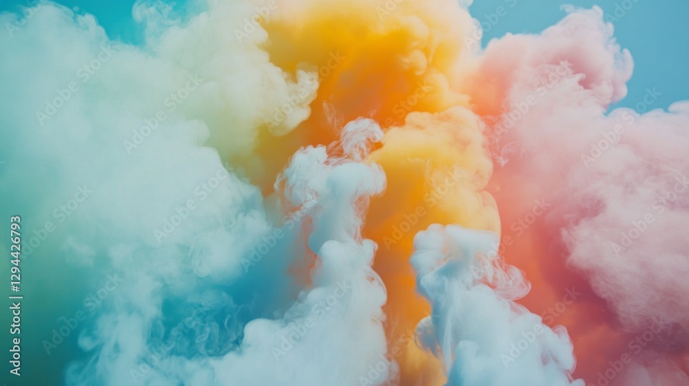 Poster soft, pastel colors blend seamlessly as ethereal clouds rise and dance in the sky, creating a mesmer