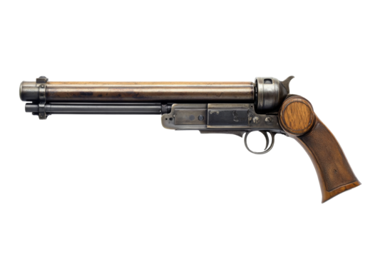 Vintage style revolver on transparency background png format white detailed gun design