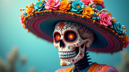 Naklejka premium Colorful Sugar Skull with Floral Sombrero in a Desert Setting, Vibrant Día de los Muertos Calavera with Mexican Folk Art Design, Festive Sugar Skull with Decorative Sombrero and Bright Background