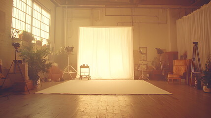 Fototapeta premium Brightly lit photography studio with white backdrop surrounded by plants and equipment ready for a photoshoot.